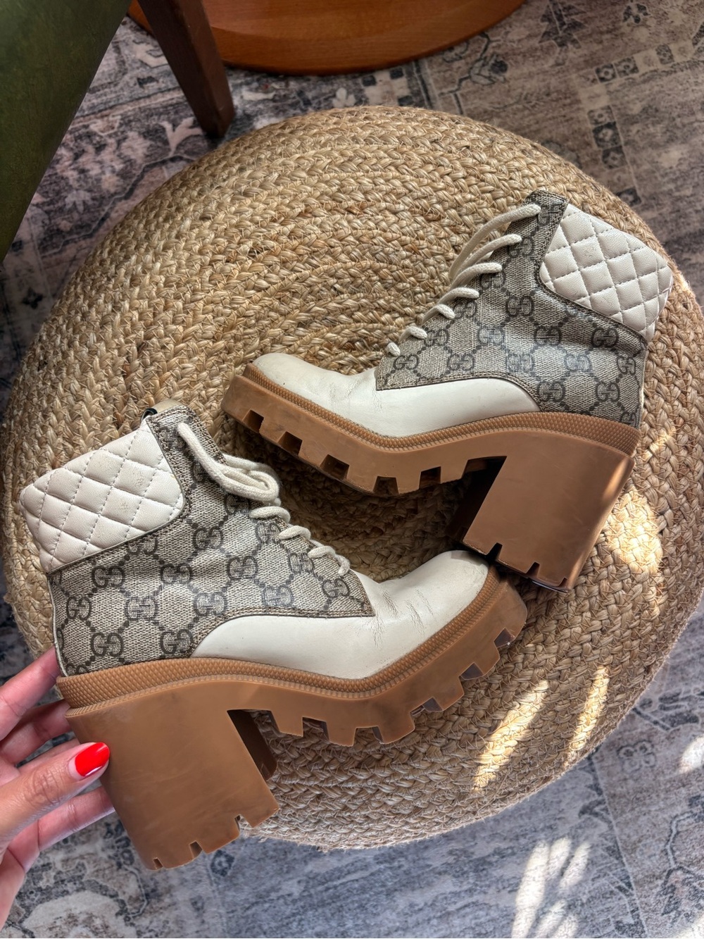 Gucci Apollo GG Monogram Trip Combat Boots White Leather Canvas size 35